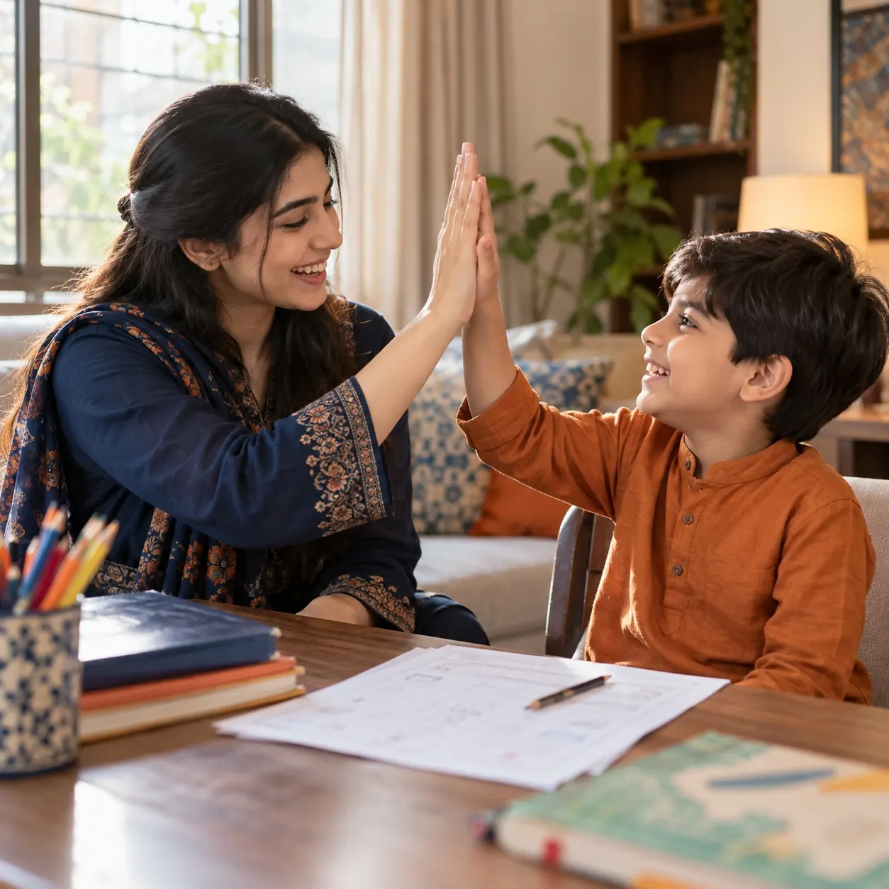 A tutor high-fiving a young boy after a worksheet
