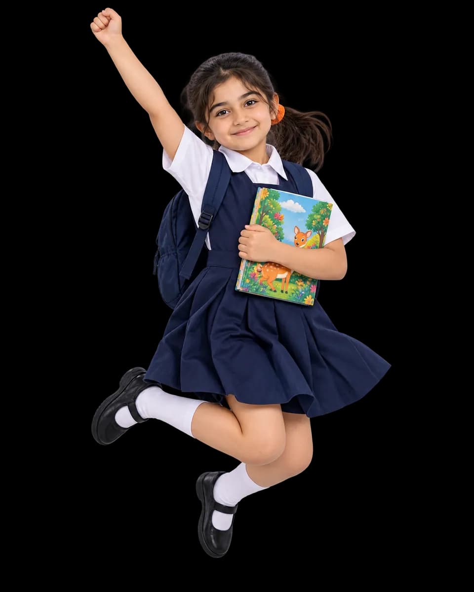 A cheerful schoolgirl jumping with a picture book