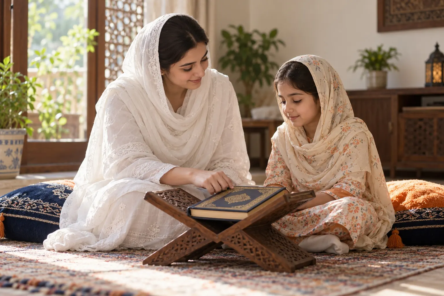 A Quran teacher guiding a young girl at home
