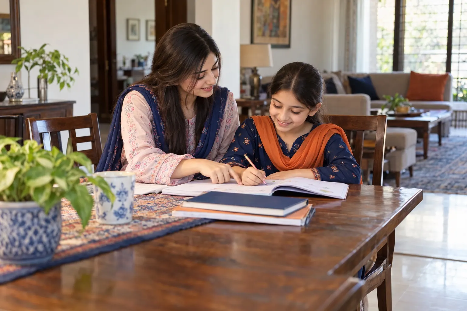 A tutor helping a girl with English at a dining table